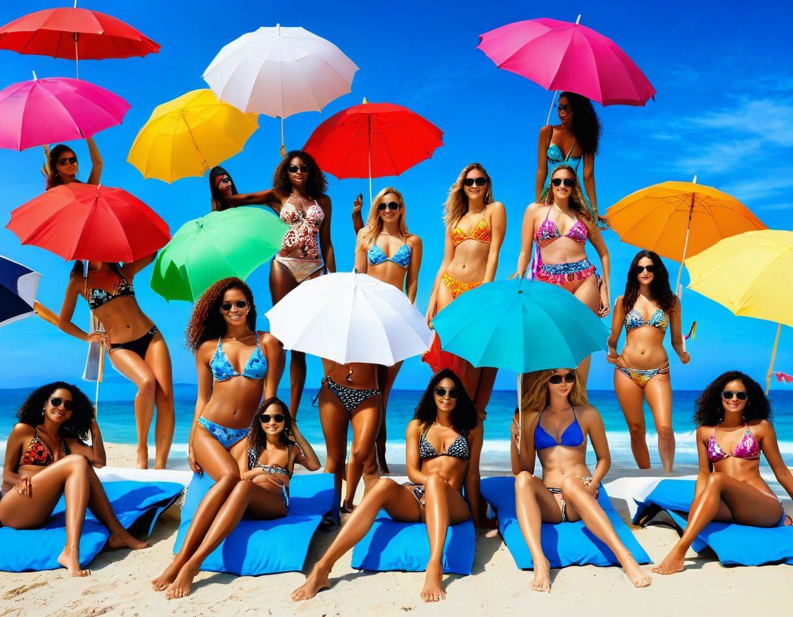 A stylish beach scene showcasing a diverse group of women confidently wearing various bikinis, blending sexy lingerie elements with chic swimwear designs. Include vibrant beach umbrellas, a clear blue ocean, and playful sunbathers to capture the essence of summer. Highlight different body types to promote inclusivity and confidence. The atmosphere should exude fun and sophistication. ultra-realistic. vibrant colors. bright background.