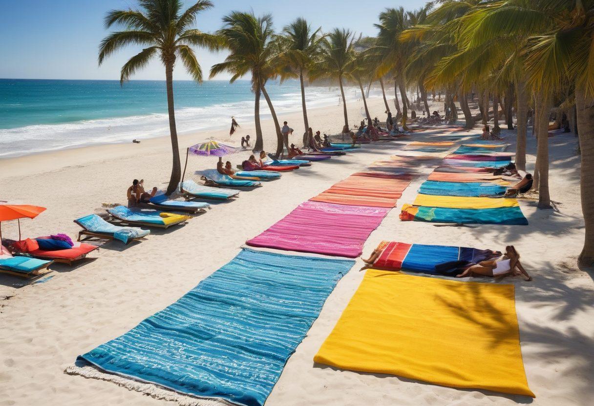 A sunny beach scene showcasing fashionable bikini tops and bottoms displayed on colorful beach towels. Include a sparkling ocean in the background, with people enjoying beach activities and palm trees swaying gently. Accentuate the vibrancy of the swimwear with bold patterns and bright colors. Capture the essence of a vibrant summer lifestyle, evoking a sense of relaxation and fun. vibrant colors. super-realistic.